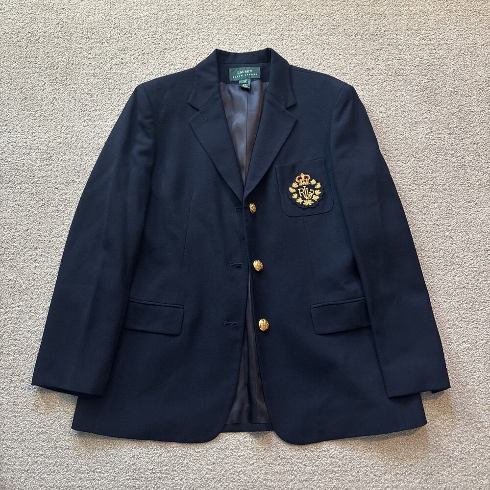 Ralph Lauren Blazer Wool Navy Blue RL Crown Crest Gold Buttons Womens Size 14